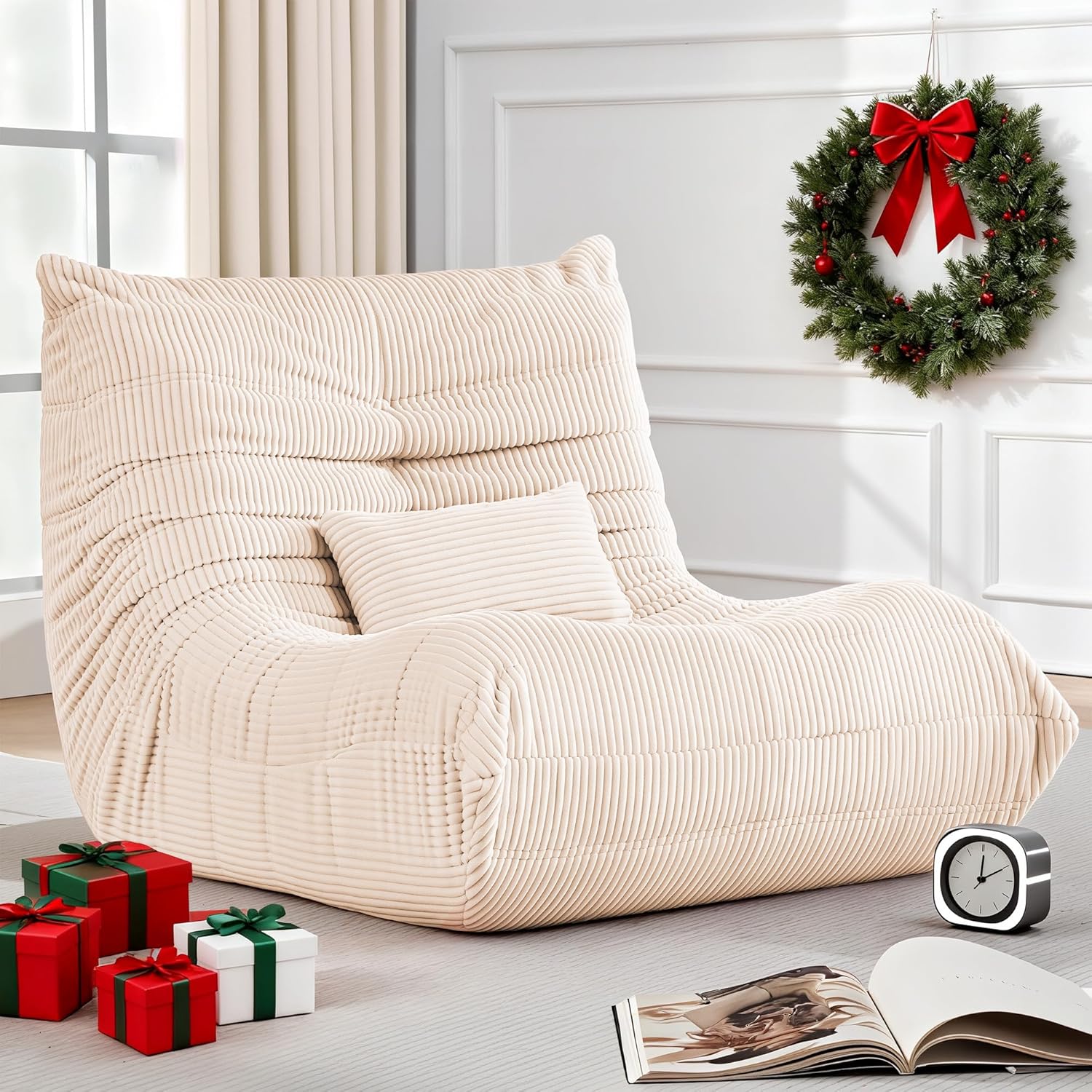 Bean Bag Chair for Adults - Large Bean Bag Chairs with Lumbar Pillow, Oversized Corduroy Memory Foam Boneless Chair with High-Rebound, Lazy Floor Sofa for Reading Gaming Living Room Bedroom, Beige